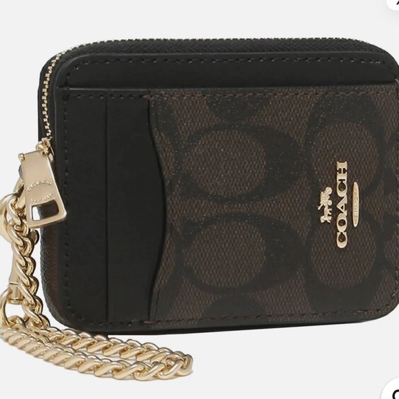 NWT COACH Zip Card ID Case Signature Canvas CW883 Walnut Brown / Black NEW - Picture 2 of 7